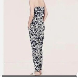 Loft Strapless Black and Cream Printed Linen  Blend Jumpsuit Size 10
